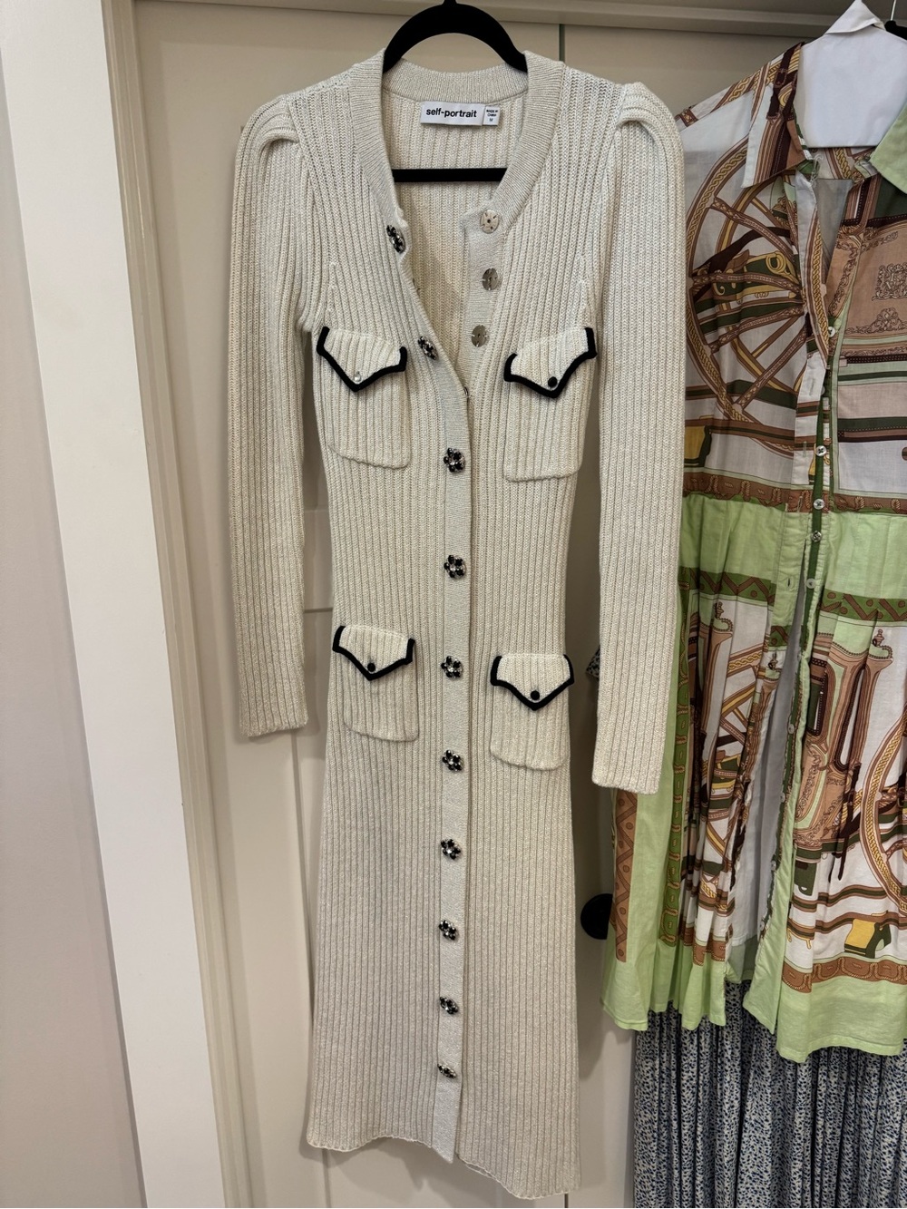 Self-Portrait Cream Ribbed Knit Button-Down Midi Dress with Black Trim